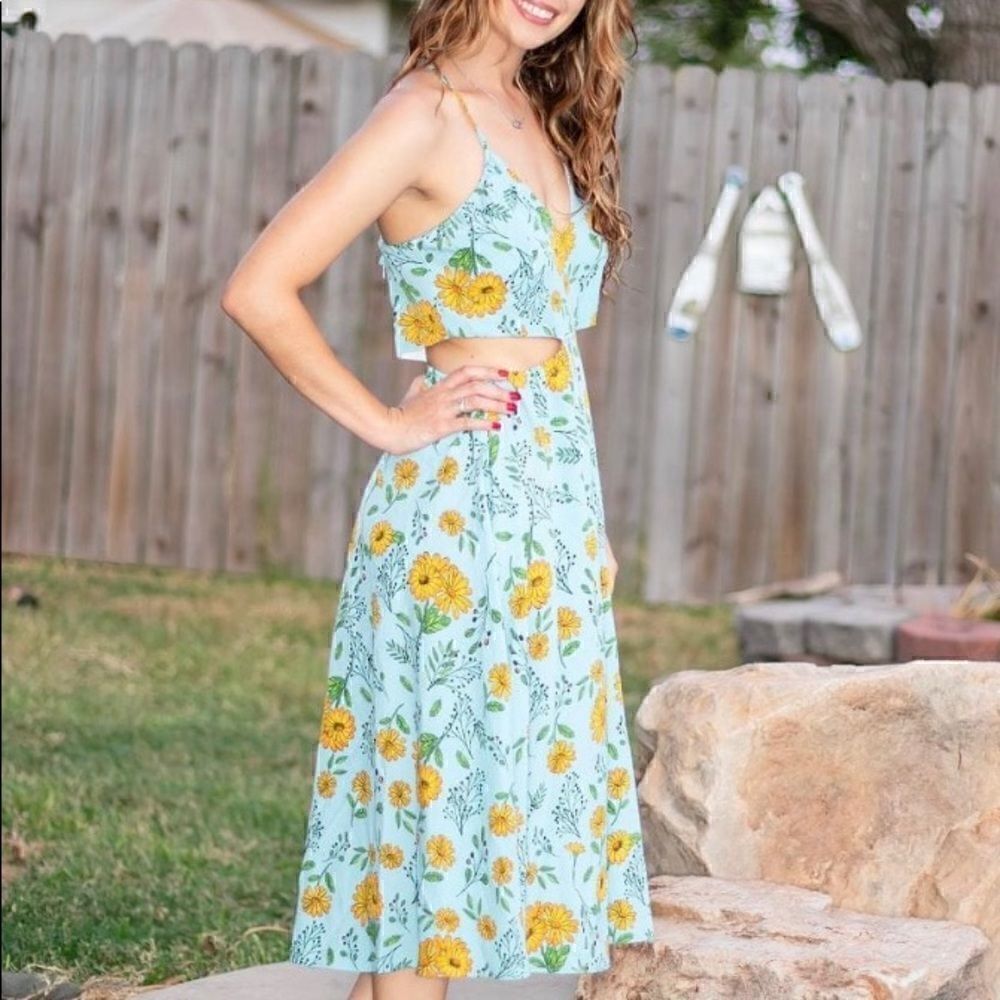 53. Summer Retro Blue Daisy Cut Out Dress NWT Boutique
